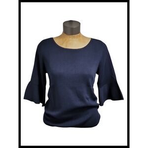 NWT Talbots Knit Crop Sleeve Flounce Cuff Light Knit Sweater Top Dark Blue Large